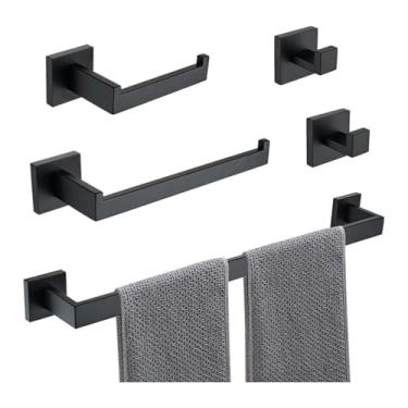 Imagem de BEMMY Kit 5 Acessórios Para Banheiro Lavabo Luxo 5 Peças Acabamento Fosco Aço Inoxidável, Conjunto de para Toalheiro de Banheiro 60CM, Barra de Toalha de Banheiro, Preto, Instalação de Perfuração