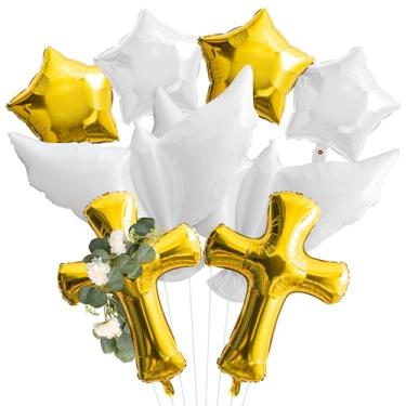 Imagem de Xqumoi Religious Foil Balloons Party Decoration - 8Pcs Cross White Dove Aluminum Balloons Eucalyptus Vine for Baptism First Communion Party Supplies God Bless Christening Memorial Baby Shower (Gold)