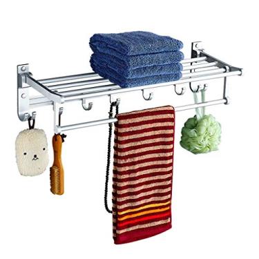 Imagem de 3FLQOOPP Suporte de toalha criativo dobrável suporte de toalha espaço alumínio montado na parede prateleira de hotel doméstico com 7 ganchos acessório de banheiro toalheiro/60 cm