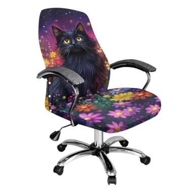 Imagem de Uorisanigo Capa de cadeira de mesa de gato preto, capa de assento para cadeira de escritório giratória universal com encosto alto, capa removível para cadeira de computador
