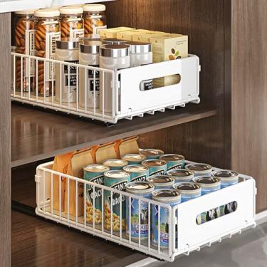 Imagem de Organizador de armário removível, pacote com 2 gavetas deslizantes resistentes, prateleiras de despensa fixas com cola adesiva forte e alça para cozinha, sala de estar, banheiro, casa (37,6 cm P x