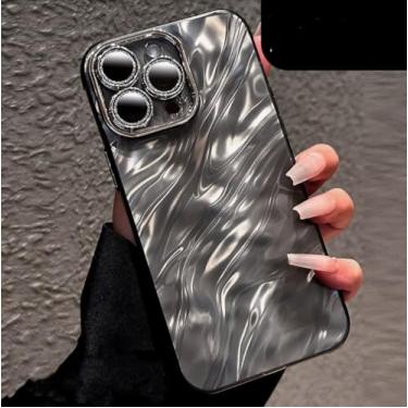 Imagem de Capa de celular luxuosa com revestimento 3D de ondulações d'água para iPhone 15, 14 Pro Max, 13, 12 e 11, com glitter, lente de câmera, capa rígida protetora à prova de choque, preta, para iPhone 15