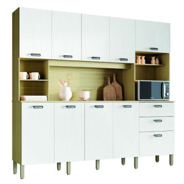 Imagem de Armário de Cozinha Completa 2,22m 10 Portas 2 Gavetas Intense Branco / Madeirado Kit`s Paraná