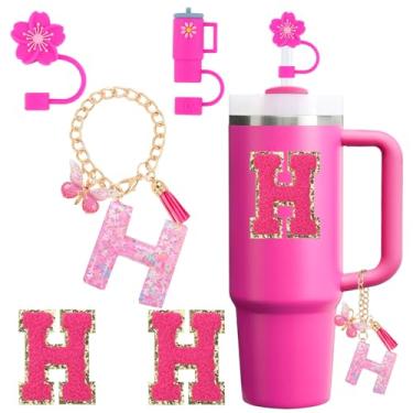 Imagem de Conjunto de acessórios de copo para copo Stanley Cup 850 g 1,134 g com alça, incluindo tampa de cobertura de palha de silicone, pingente de alça, adesivo de iniciais fúcsia (H)