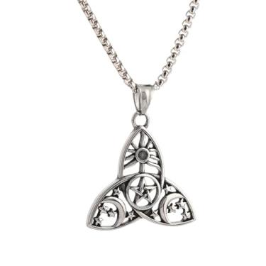 Imagem de TURTLEDOVE Colar de nó da trindade celta, pingente de triquetra da deusa com estrelas do sol e lua, joia de nó de bruxa de aço inoxidável, Standard, Aço inoxidável, Sem Pedra Preciosa