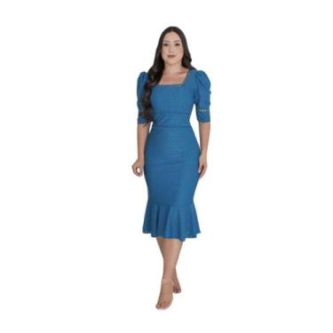 Imagem de Vestido Midi Feminino Justo Slim Sereia Manga Princesa - KOPYTTA, Azul