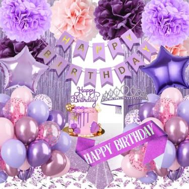 Imagem de Conjunto de decorações de aniversário, decoração de festa roxa com balões roxos, bandeira, pompons, fundo de cortina de franja, coroa de aniversário, alça de ombro para meninas e mulheres suprimentos
