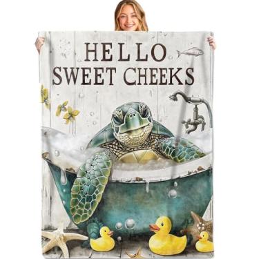 Imagem de MIEPOS Cobertor engraçado para banheira, 127 x 152 cm, flanela macia e leve, tartarugas marinhas fofas com patos de borracha e cobertores de citação, presentes costeiros para mulheres, para decoração