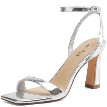 Imagem de AIUNIIND Sandálias femininas de salto quadrado, bico aberto, salto alto grosso, tira no tornozelo, sandálias femininas para formatura e casamento, Prata, 39