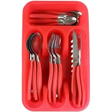 Imagem de Conjunto de Talheres em Aço Inox, 25 Peças, Vermelho, com Porta Talheres, 6 Colheres de Mesa, 6 Colheres de Chá, 6 Garfos, 6 Facas