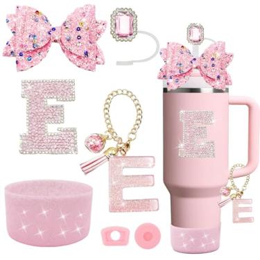 Imagem de Conjunto de acessórios de copo Stanley rosa de 7 peças, decorações de iniciais para Stanley Cup 850.5 g 1,134 g, inclui cobertura de canudo de joia, tampa à prova de derramamento, pingente de alça