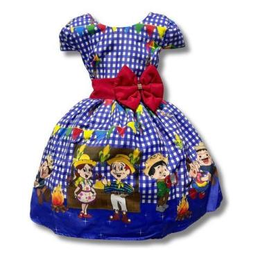 Imagem de Vestido Infantil Festa Junina Casal Caipira Xadrez Azul - Pequenos Enc