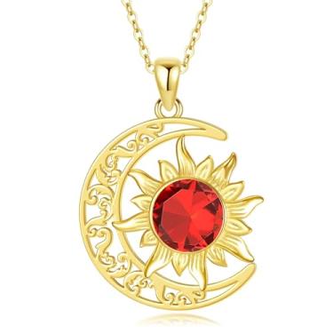 Imagem de Feeot Colar crescente para mulheres, banhado a ouro 18K, pingente de lua e sol com pedra preciosa natural,de Natal para mulheres, meninas, irmãs, filhas, Metal