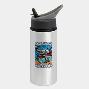 Imagem de Garrafa Squeeze Bico Prateada Premium 600ml - Bombardino Crocodilo Italian Brainrot Meme