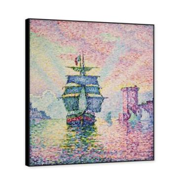 Imagem de NHLDZYH Moldura preta. Impressões de Paul Signac, (A passagem de Marselha), reproduções de pinturas famosas, imagem de arte abstrata para sala de estar quarto decoração de casa. 50 x 60 cm - 19,6 x