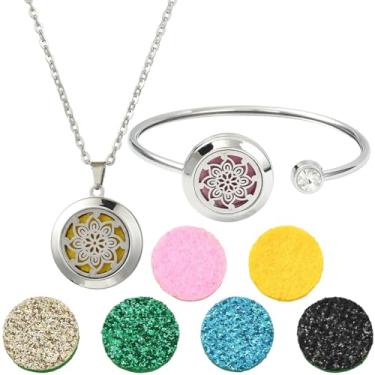 Imagem de SUNNYCLUE 1 pulseira difusor de óleo essencial, 1 colar de óleo essencial com 10 unidades de refil de flores, colares de aço inoxidável, pulseiras ajustáveis, pulseiras de aromaterapia, medalhão para