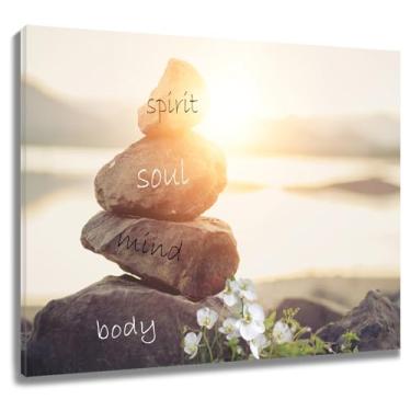 Imagem de LB Arte de parede Zen Stones Yoga Relaxe Espírito Alma Mente Corpo Orquídea Branca Flor de Madeira Emoldurada Arte de Parede Impressão em Tela Costeira Pôr do Sol Decoração de Parede para Banheiro