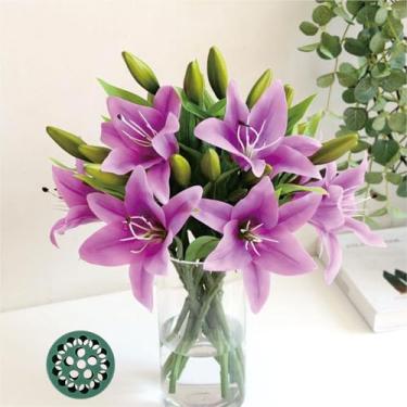 Imagem de florailune Lírios falsos lírios, flores falsas realistas, lírios falsos, buquê de flores artificiais, buquês de casamento faça você mesmo, pacote com 6 peças + suporte de haste espiral Ikebana (roxo)