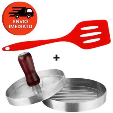 Imagem de Kit Forma Modeladora Hamburguer Alumínio C/ Espátula Vazada Silicone P