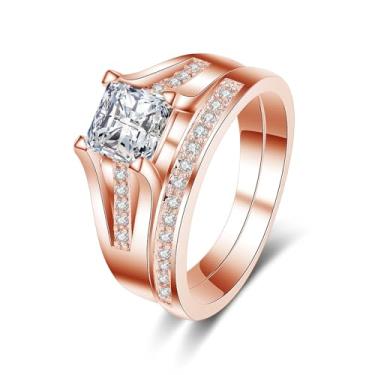 Imagem de Vinoya Alianças de casamento femininas duas em um corte princesa zircônia cúbica 18K branco/ouro rosa conjunto de anéis de noivado tamanho 6-9, 6, Cobre, Zircônia cúbica