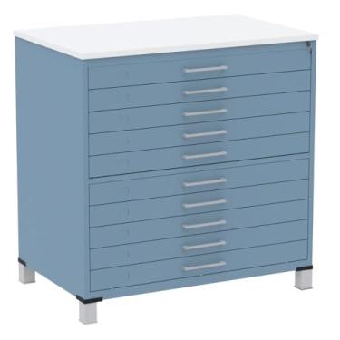 Imagem de Mapoteca 10 Gavetas Pandin 120cm (larg) Inmetro Tampo Mdp Branco Estrutura e Gaveta em Aço Azul Dali