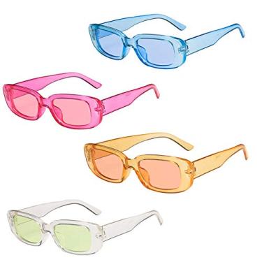 Imagem de Óculos de sol retangulares para mulheres retrô dos anos 90, armação quadrada estreita com proteção UV400, R+gr+bl+or, One Size