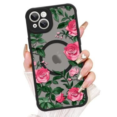 Imagem de AIGOMARA Capa para iPhone 13, compatível com MagSafe, linda estampa de flor rosa com capa de telefone fosca semitransparente para mulher Gilrs TPU macio e PC capa protetora traseira fina para telefone