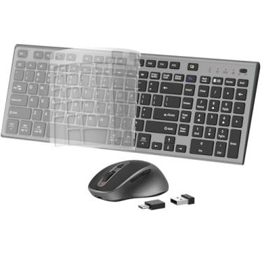Imagem de FENIFOX Teclado e mouse sem fio, ergonômico, recarregável, silencioso, fino, USB C, plano, compacto, tamanho completo, com teclado numérico, capa macia, para Mac, computador, PC, superfície, laptop