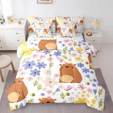 Imagem de Erosebridal Conjunto de cama de capivara de desenho animado para crianças, adolescentes, tamanho casal, floral colorido (edredom + lençol de cima + 2 fronhas + 2 fronhas + 2 fronhas), conjunto de cama