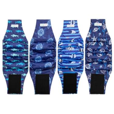 Imagem de Langsprit Fraldas para cães masculinos faixas de barriga (4 pacotes), lavável e reutilizável masculino menino cachorrinho envolve calcinha para cachorrinho cachorrinho cocô treinamento penic