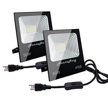 Imagem de HANNAHONG 50W Pacote Com 2 Holofotes De Led Interruptor Liga/Desliga, 5500 Lúmens, Branco Frio, Segurança Brilhante/Trabalho/Cultivo Plantas Ao Ar Livre, À Prova D'Água Ip66, Holofote Refletor Para
