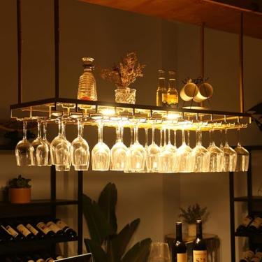 Imagem de Suporte De Vinho Rústico De Parede Com Luz E Suporte De Copo, Suporte De Bar Ajustável Para Copo De Vinho No Teto, Suporte Para Garrafa De Vinho Para Bar Cozinha, Black, 100x35cm