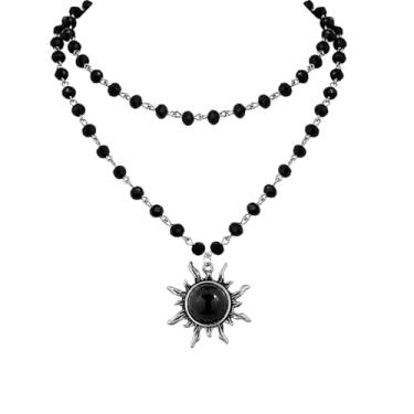 Imagem de Colar gargantilha gótico sol lua, contas de cristal preto, joia punk bruxa para mulheres, bijuteria de fantasia de Halloween, Adjustable, Liga de aço, Sem Pedra Preciosa