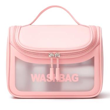 Imagem de Necessaire Feminina Transparente Viagem Bolsa Ideal para Cosméticos Maquiagem Higiene Pessoal Fechamento com Zíper Fácil Acesso Design Moderno Funcional Impermeável (Rosa)