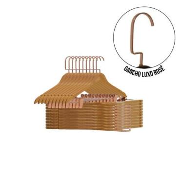 Imagem de Kit 25 Cabides Adulto Madeira Marfim com Presilhas Rosé e Gancho Luxo 