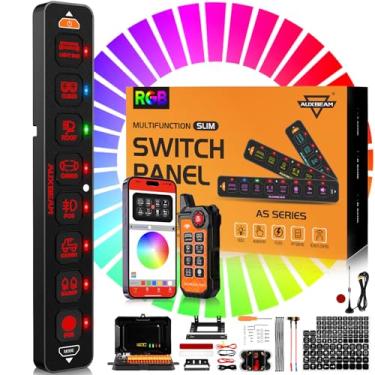 Imagem de Auxbeam Painel de interruptor fino de 8 grupos Bluetooth RGB AS-800 com aplicativo e controle remoto, interruptor pulsado momentâneo, luz de fundo de 80A para caminhão 12-24V Offroad UTV ATV Car