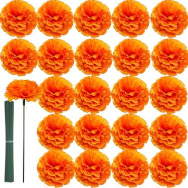 Imagem de Acronde 50 peças de flores de calêndula de seda artificial com hastes para Diwali Day of the Dead Indiano, casamento, decoração de casa, guirlanda DIY (50, laranja)
