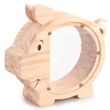 Imagem de Cofrinho de madeira para meninos e meninas, cofrinho de acrílico, pote de poupança transparente dupla face, porta-moedas fofo em forma de porquinho, fomenta hábitos de economia, pote seguro e