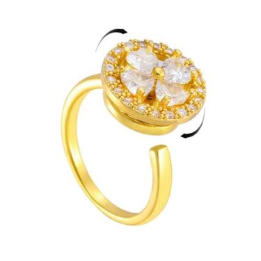 Imagem de Anel giratório redondo CZ com folha de trevo de coração para mulheres, banhado a ouro, ajustável, expansível, 4 folhas, envoltório aberto, anéis de ansiedade, ajuste confortável, delicado, casamento