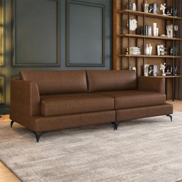 Imagem de Sofá Living Bipartido 270cm Indonésia Pés de Ferro Couro Caramelo Manc