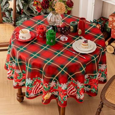 Imagem de Joyfol Day Toalha de mesa redonda de Natal, toalha de mesa xadrez de búfalo de inverno, capa de mesa xadrez com liberação de manchas para decoração de Natal/jantar (152 cm)