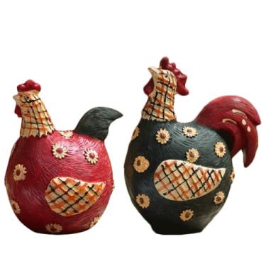 Imagem de Vintage Crafts Pastoral Country Resina Retro Estatueta Casal Galinha Animal Colocação Auspicioso Significado Vermelho Bonito Padrão Artesanato
