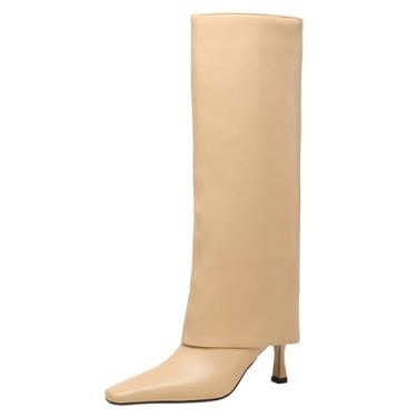 Imagem de Goolita Botas femininas de cano alto com salto stiletto, botas de equitação de couro e panturrilha largas, Damasco, 8.5