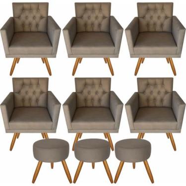 Imagem de Kit 6 Poltronas Decorativas Lara Capitonê E 3 Pufs Capuccino - VISALAR