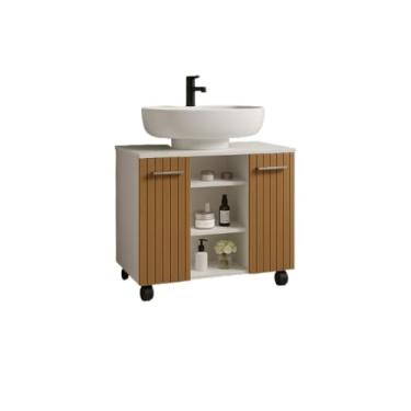 Imagem de Armário Para Banheiro Kit Completo Gabinete Para Pia De Coluna Com Rodízios + Espelheira Com Prateleira(BRANCO/RIPADO)