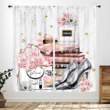 Imagem de Cortinas femininas modernas, perfumes, saltos, revistas, livros, rosa, floral, cosméticos, maquiagem romântica moderna, tratamentos de janela para quarto, sala de estar, banheiro, 2 painéis, 106 x 113