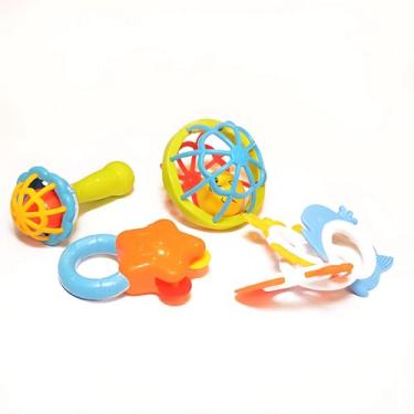 Imagem de Kit Mordedor e Chocalhos Sensoriais para Bebês 7 Peças – Brinquedo Educativo com Cores, Sons e Texturas para Coordenação Motora e Alívio da Dentição, Material Atóxico Certificado Inmetro