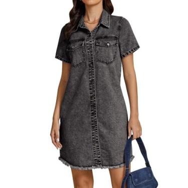 Imagem de Vestido jeans luvamia de manga curta preto para mulheres S/4-6