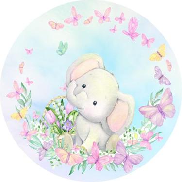 Imagem de Painel de Lona Redondo Elefantinho e Borboletas Aquarela - Fabrika De 