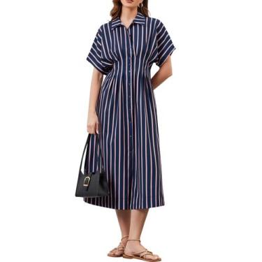 Imagem de Vestido maxi Dewpaur listrado com botão frontal plissado azul marinho 